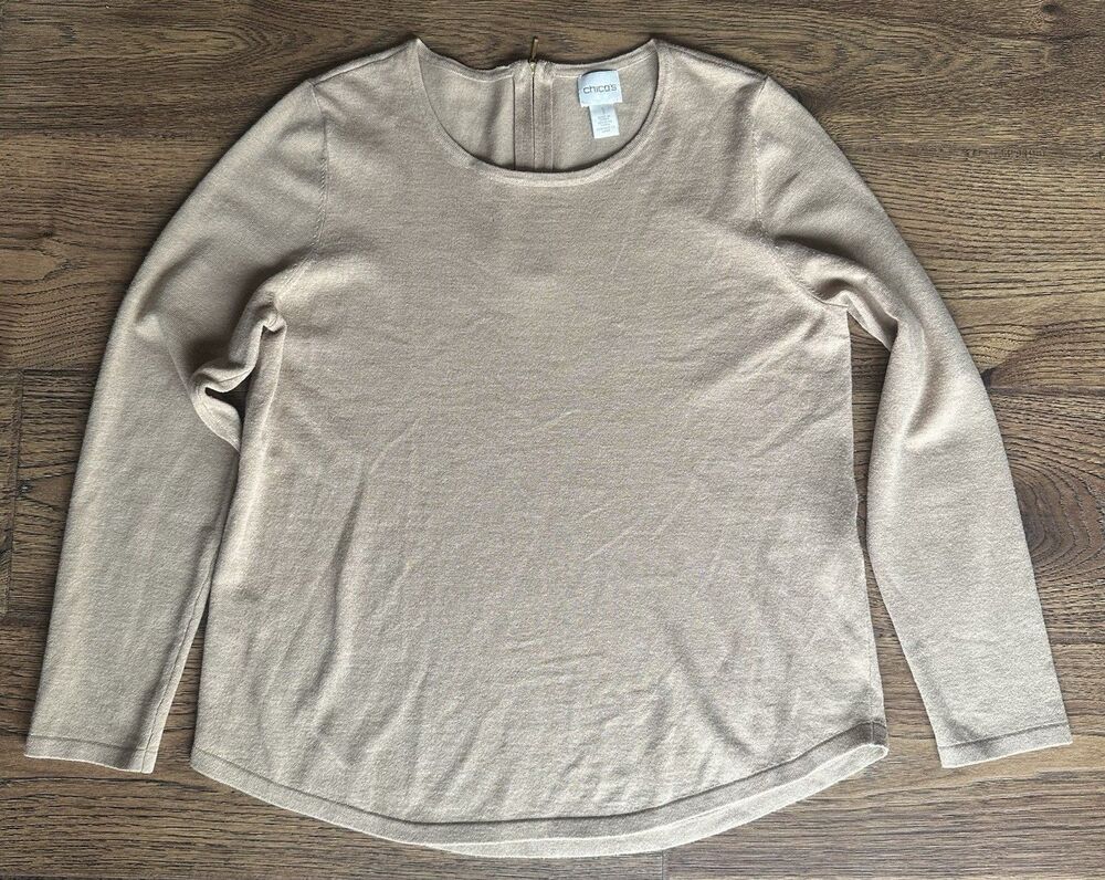 Chico’s Size 1 Taupe Knit Top Long Sleeve Back Zip Women’s Medium